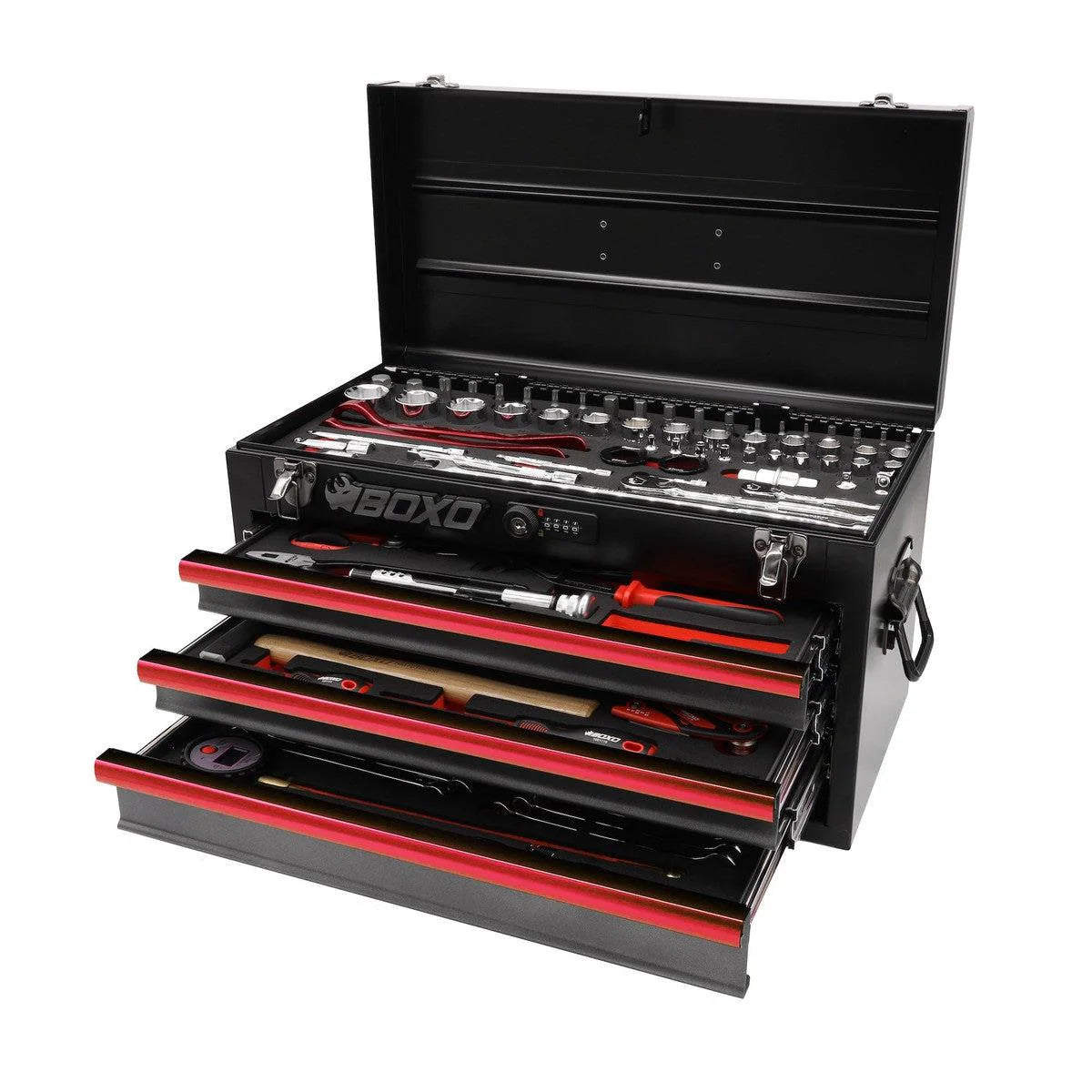 MotoBox | 103-Piece Metric Motorcycle 3-Drawer Hand Carry Tool Box - Black, Red