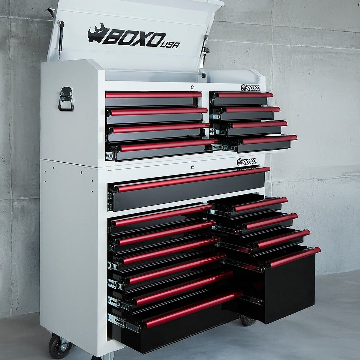 Boxo Pro Series 45" 19-Drawer Rolling Tool Box Combo: Stack It. Roll It. Own It.