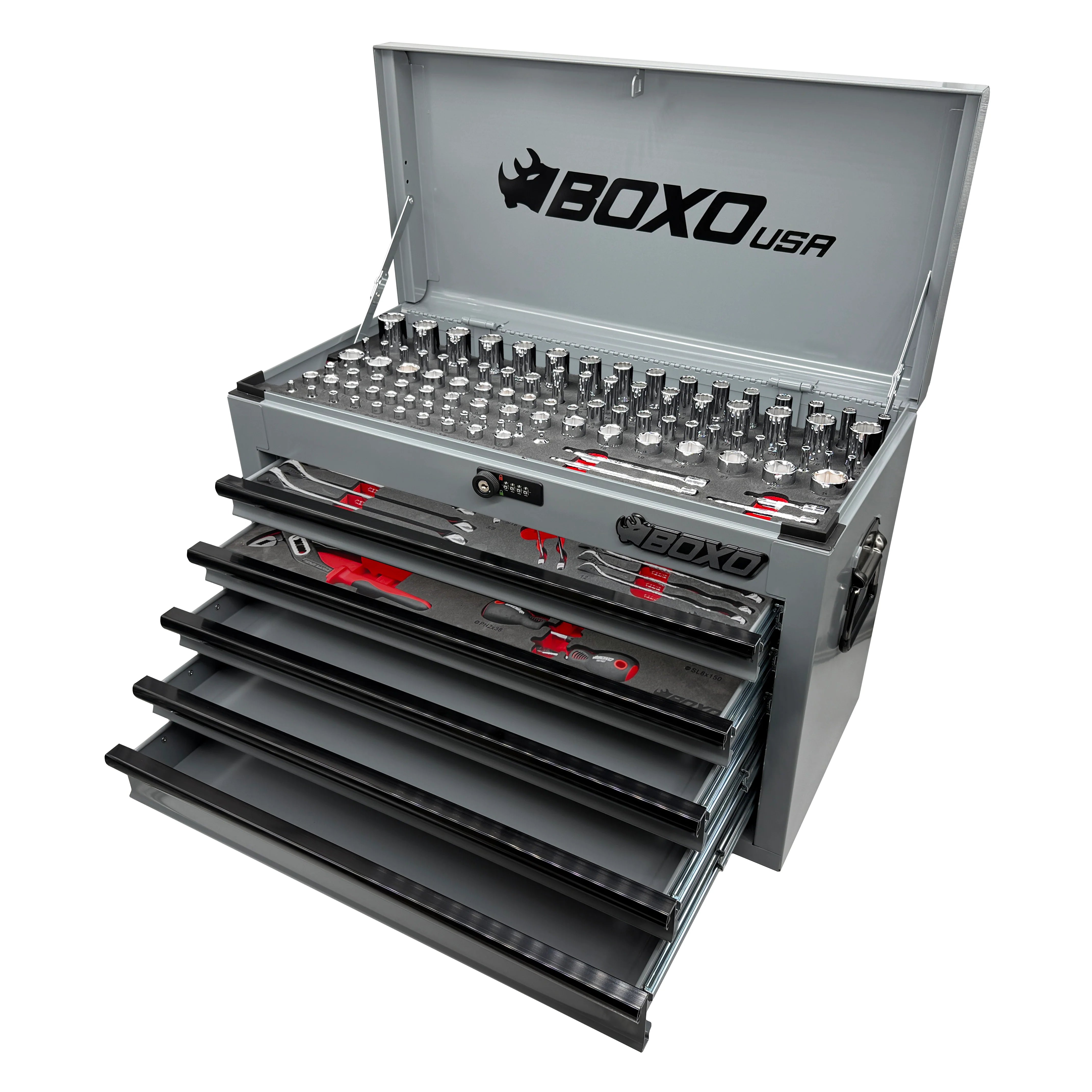 MotoBox | 103-Piece Metric Motorcycle Tool Set with 5-Drawer Hand Carry Tool Box - Black, Red