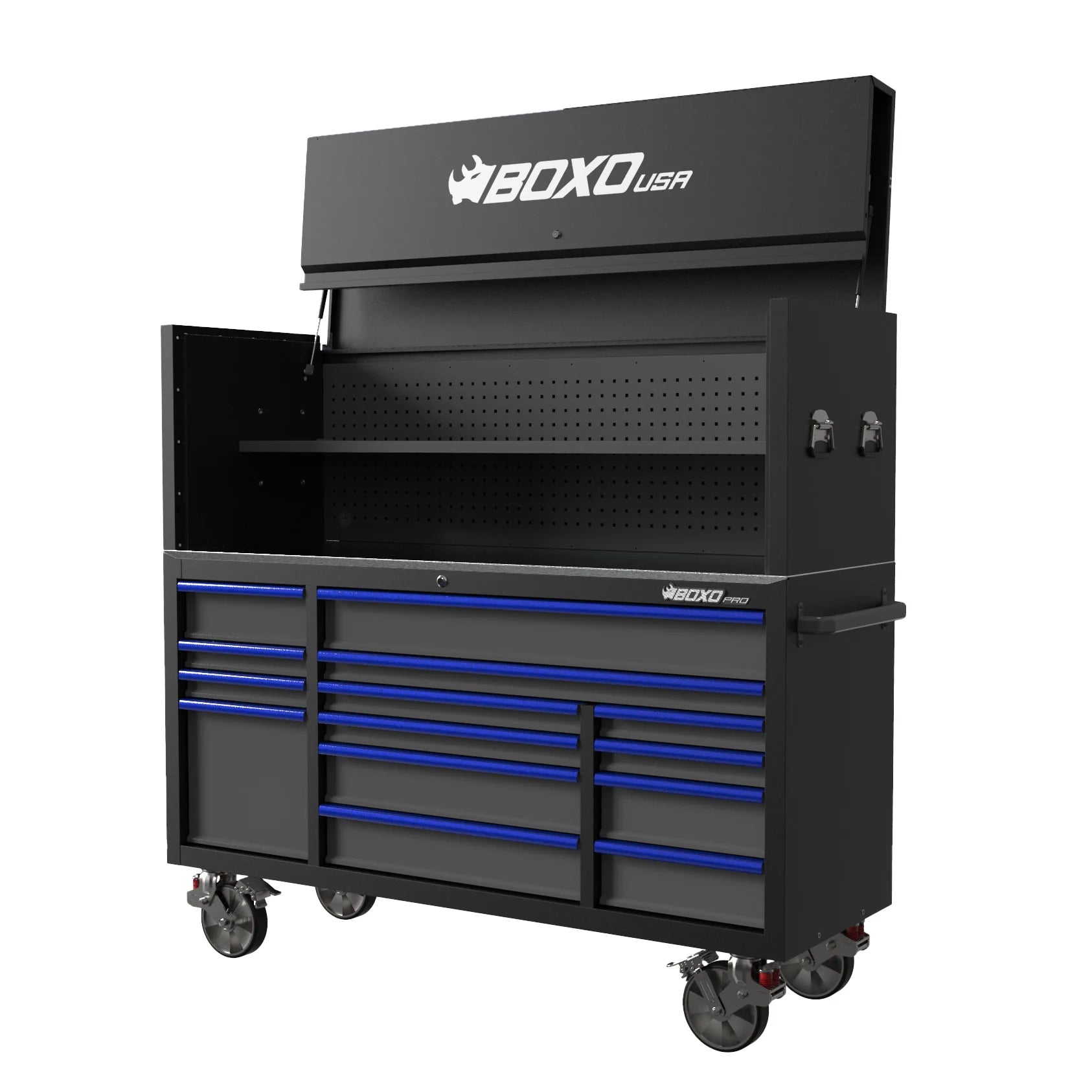 Pro Series | 72" 14-Drawer Rolling Tool Box with Garage Top | Black - Blue, Empty Tool Box