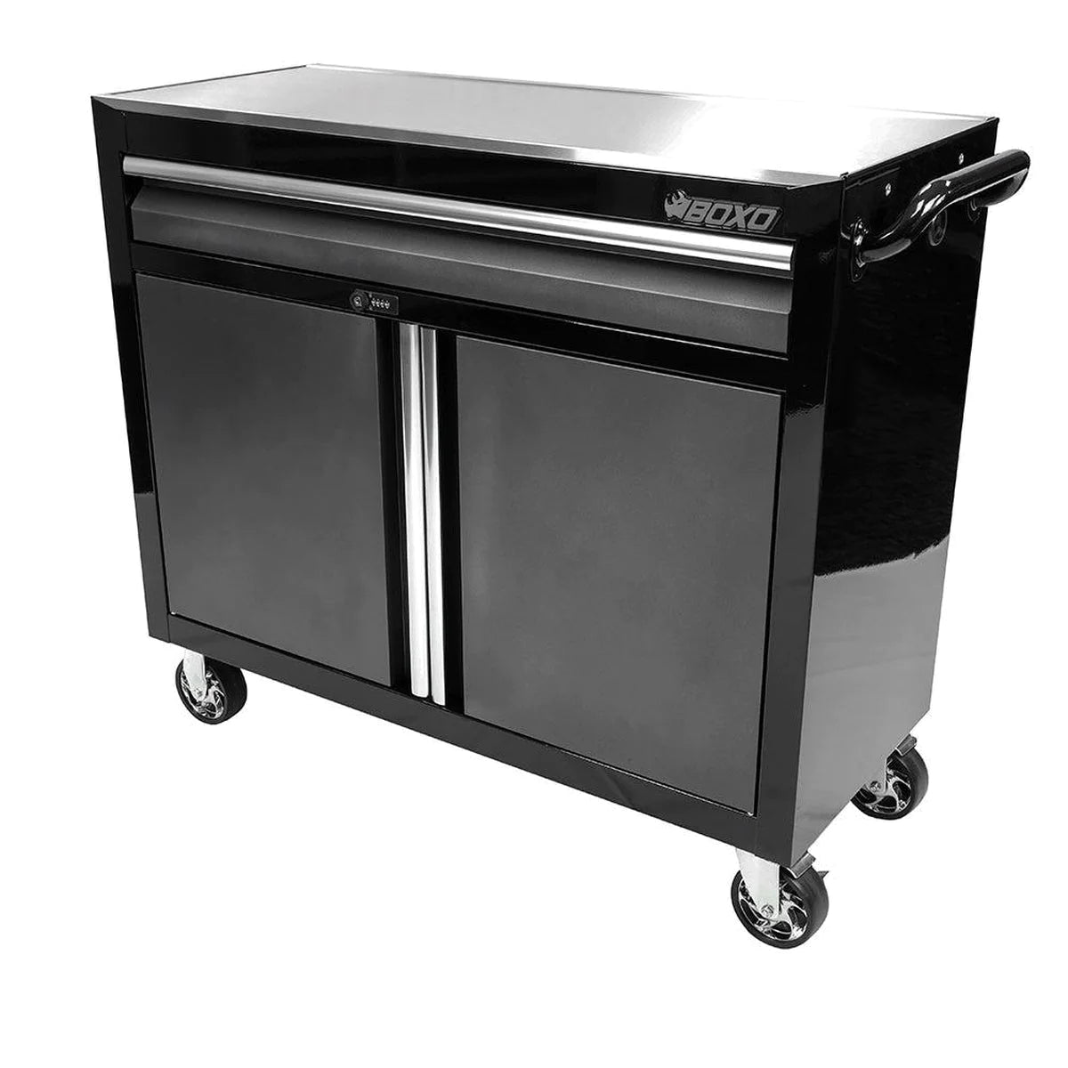 Tech Series | 45" Rolling Display Cabinet with Stainless Steel Countertop | Gloss Black