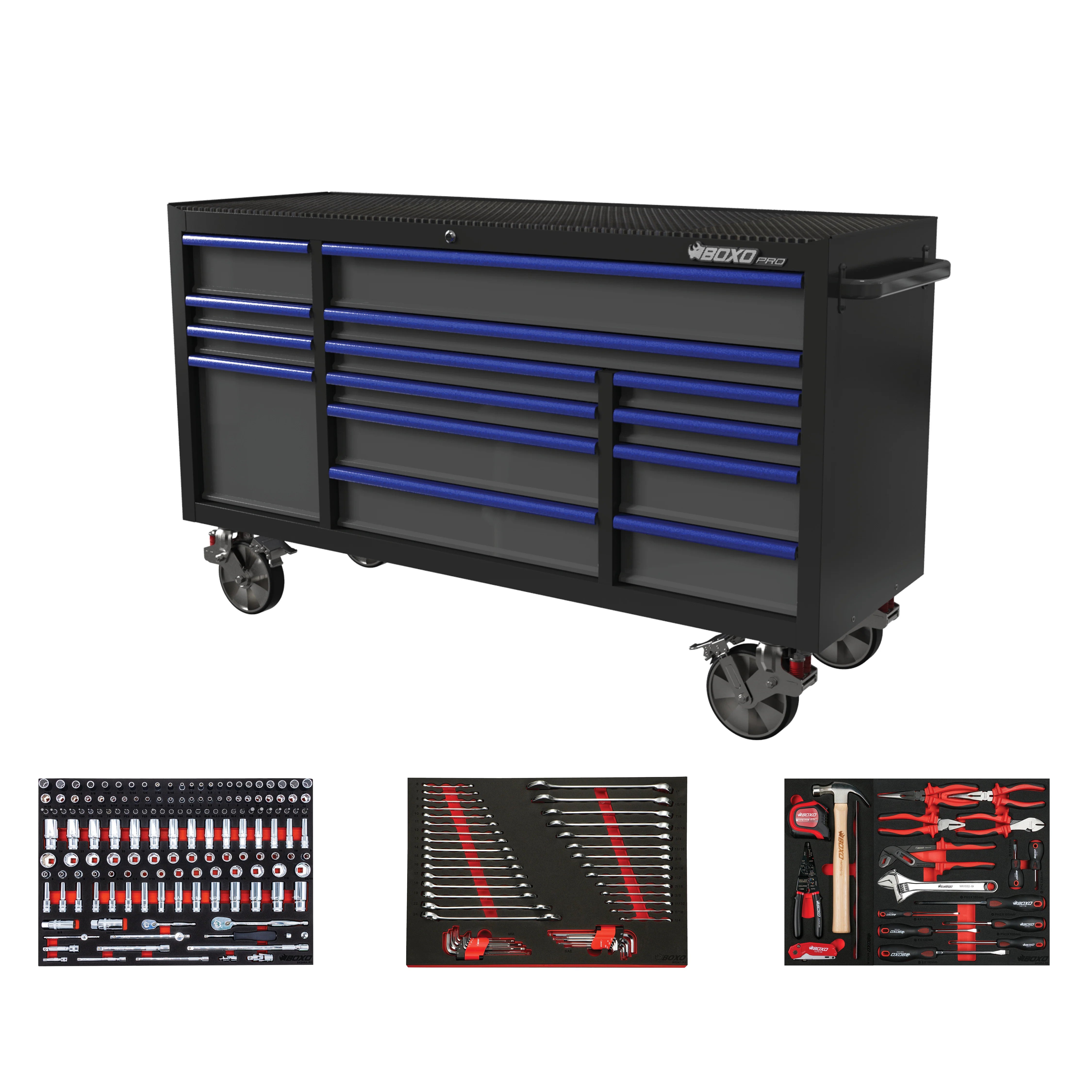 Pro Series | 72" 14-Drawer Bottom Roll Tool Cabinet | Gloss Black/Blue