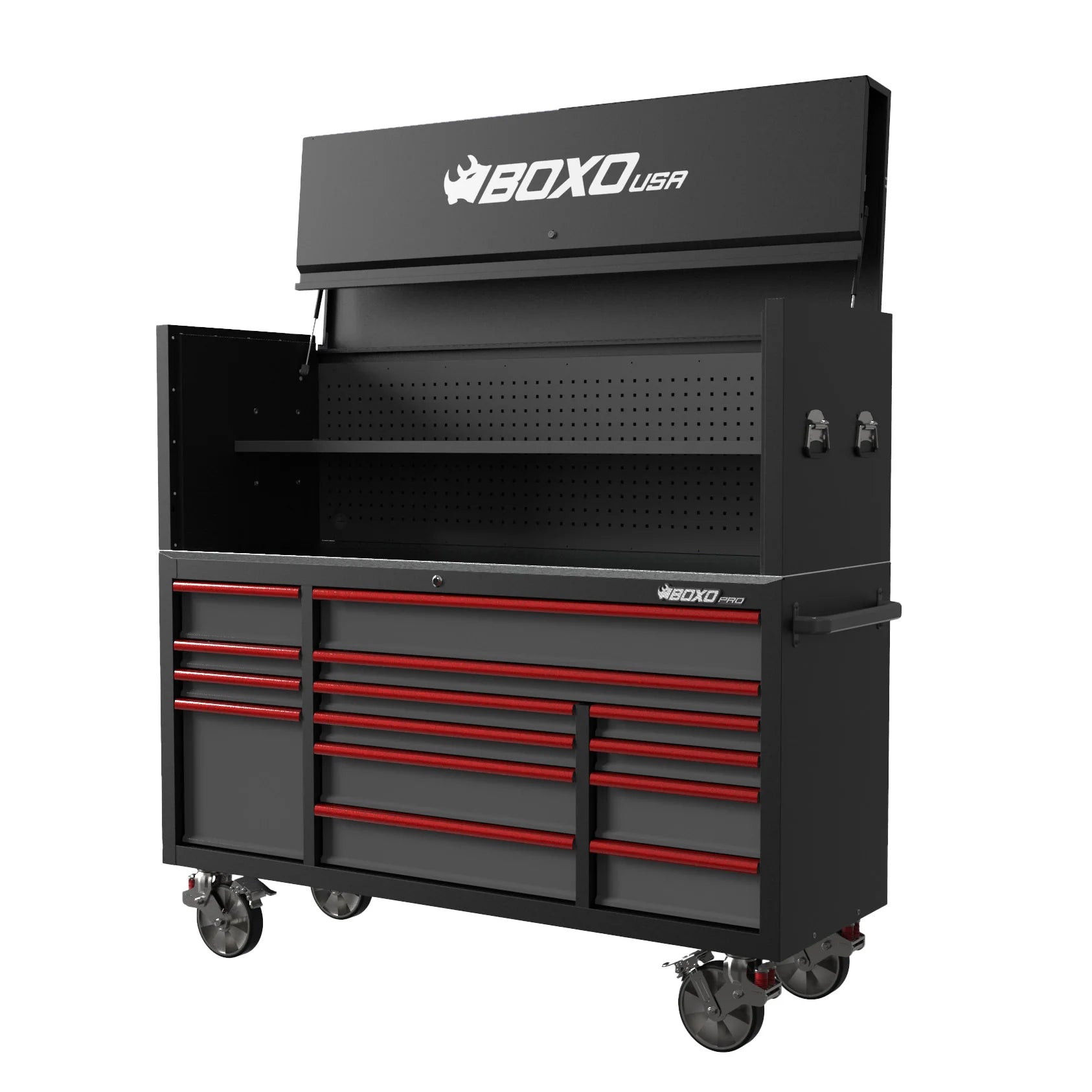 Pro Series | 72" 14-Drawer Rolling Tool Box with Garage Top | Black - Red, Empty Tool Box