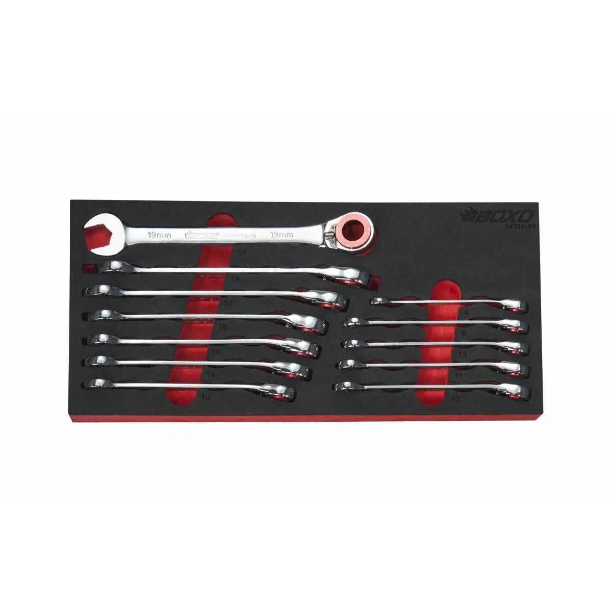 12-Piece 100T Metric Ratcheting Combination Wrench Set with Magnetic Stop / Retainer Ring & Grip Drive Open End | 1/3rd EVA Foam