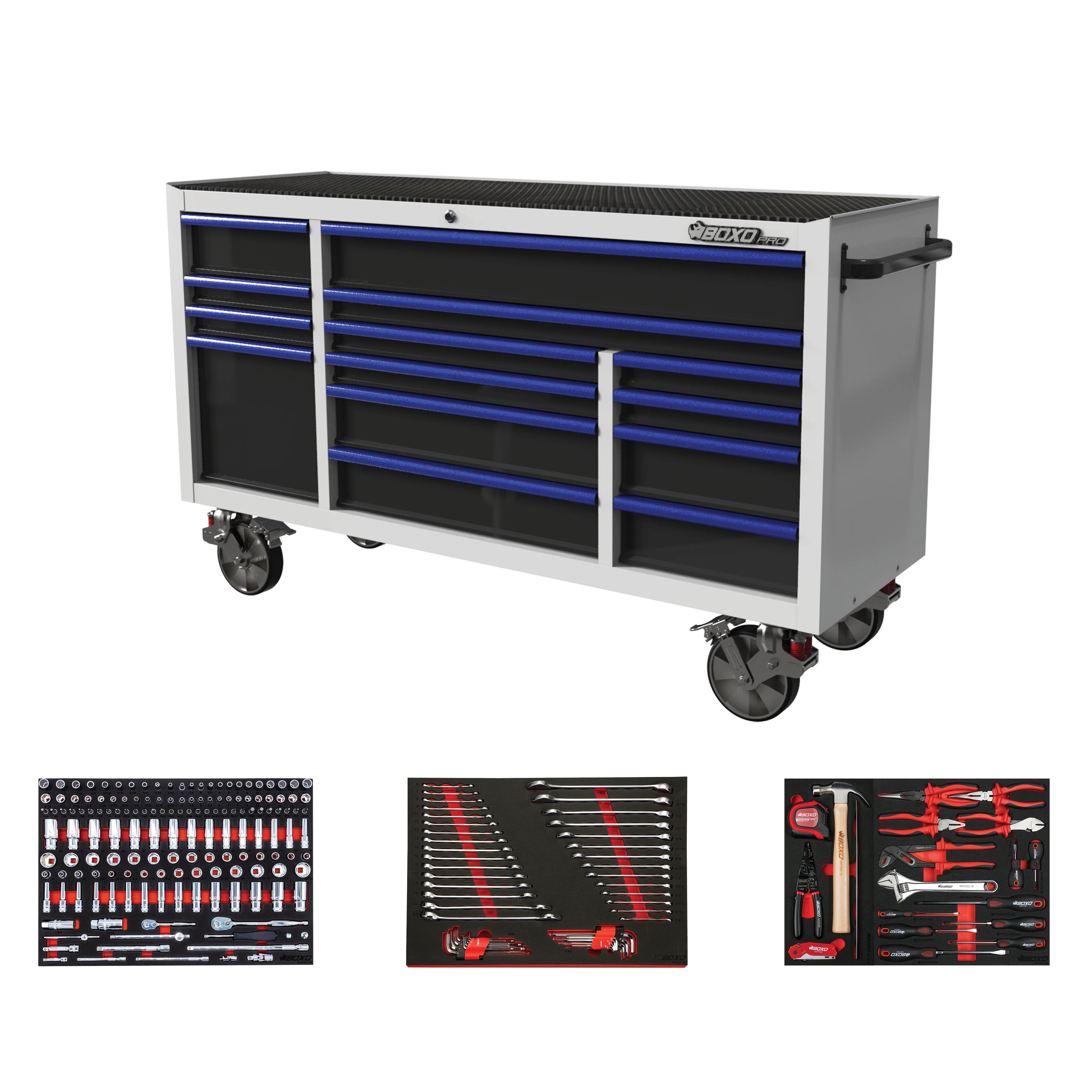 Pro Series | 72" 14-Drawer Bottom Roll Tool Cabinet | Gloss Black/Blue